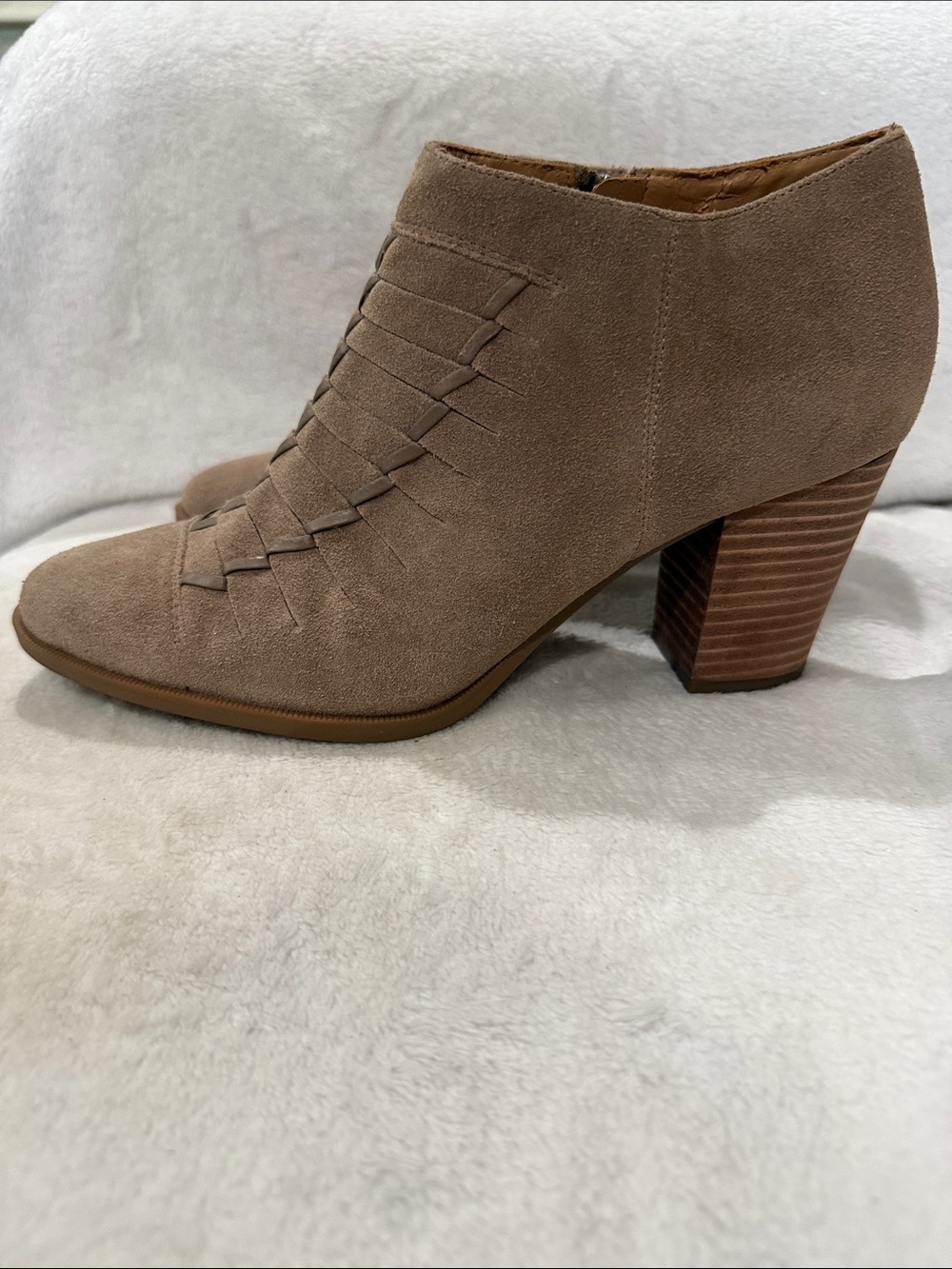 Franco Sarto Taupe Suede Woven Detail Block Heel Bootie